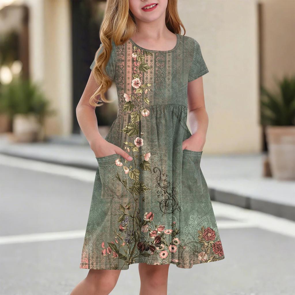 Children's Skirt Round Neck Short Sleeve Princess Dress Fashion Casual Pocket Dress For Girls
