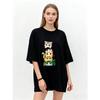 Oversized T Shirt Black Cute Cats Stack Print Casual Wear For Women Summer Fashion Streetwear Graphic Tee