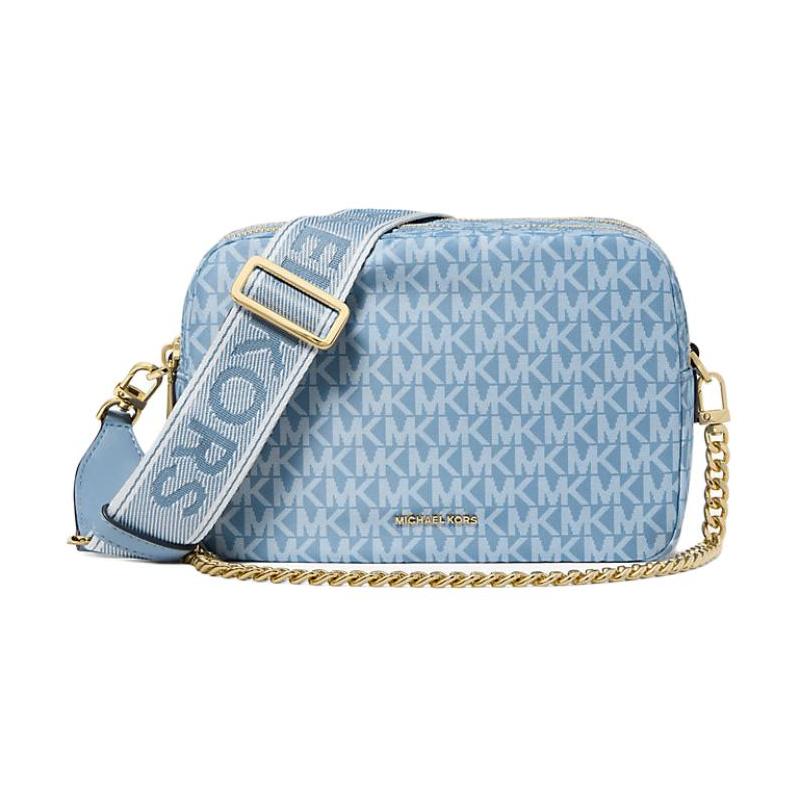 MICHAEL KORS Bryant Letter Logo Printed Shoulder Strap Adjustable and Removable Coated Canvas Camera Bag Crossbody Medium Women's Blue