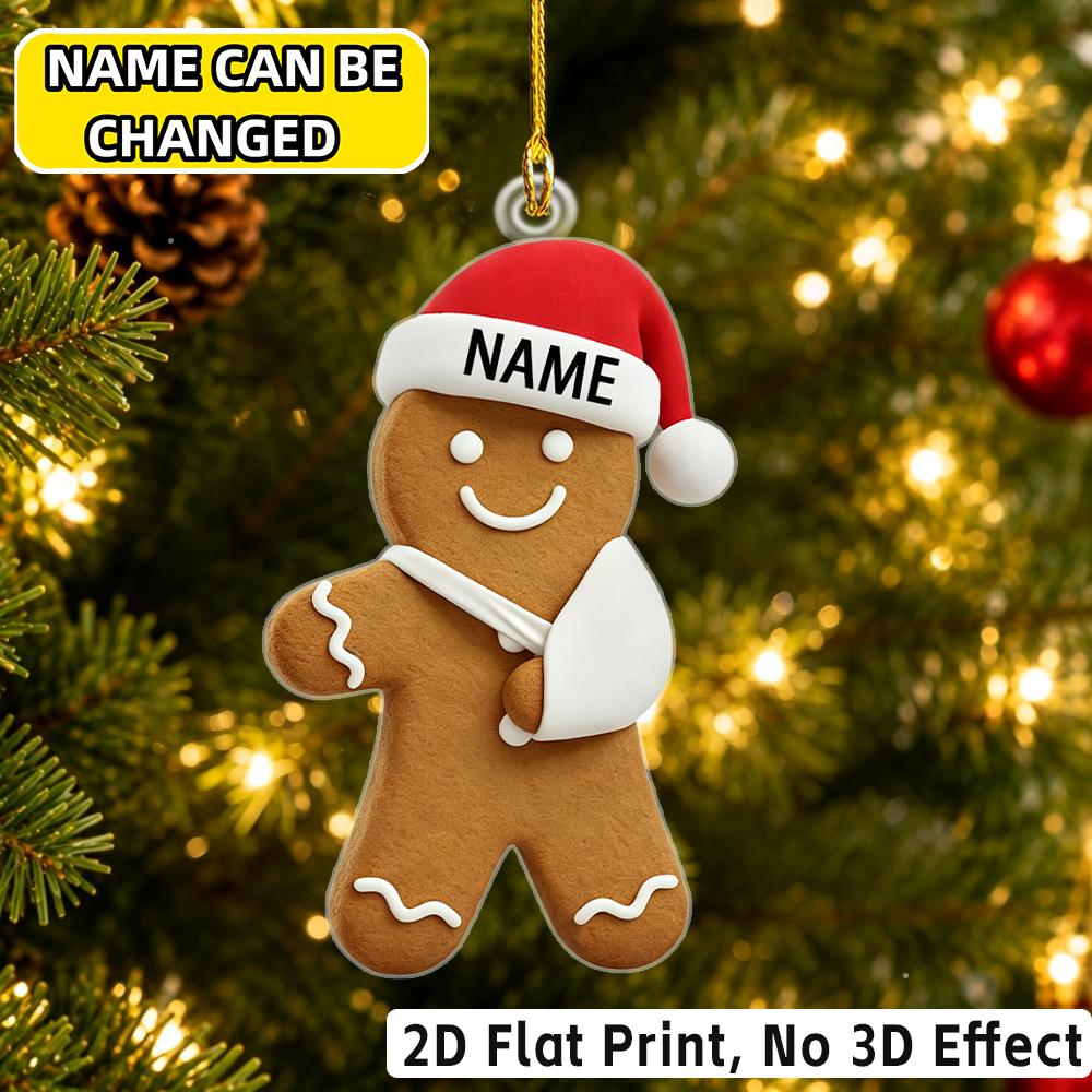 2D Flat Custom Name Irregular Acrylic Ornament,Gingerbread Figure With Bandage Detail Xmas Tree Hanging Pendant Holiday Gift