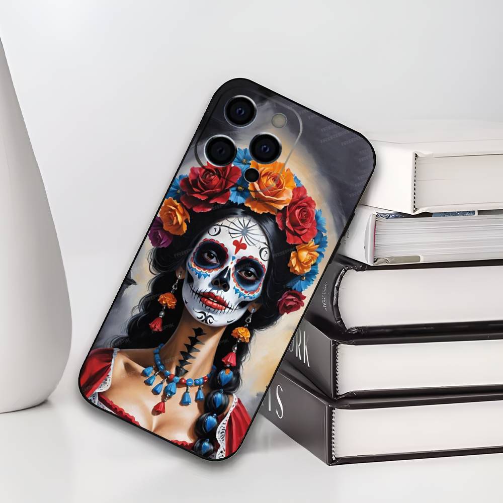 Day of the Dead Catrina Skull Phone Case For IPhone 17,16,15,14,13,12,11,Plus,Pro,Max,Plus,XS,soft case Black silicone