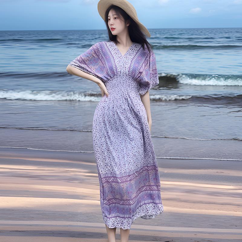 Женское повседневное платье с цветочным принтом и V-образным вырезом, неровный тон, повседневное, с круглым вырезом, длинное