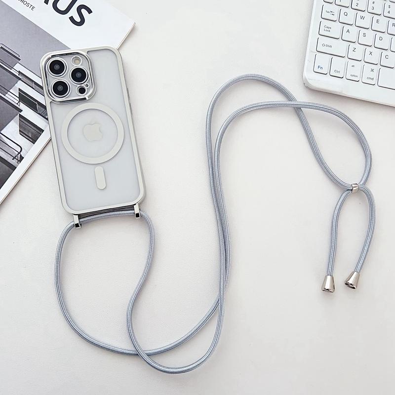 For iPhone 16 Pro Max Case Compatible with MagSafe Electroplating Edge TPU Phone Cover with Shoulder Strap