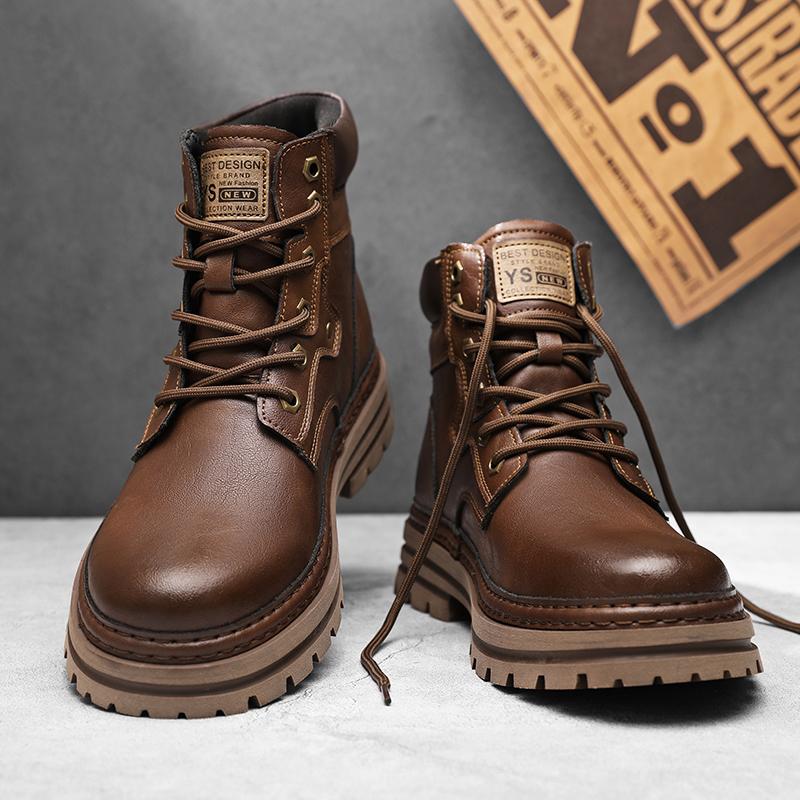 Fashion Genuine Leather Ankle Boots Man Round Toe Style Outdoor Motorcycle Boots Warm Plush Fur Winter Boots for Men Comfy Walking Shoes