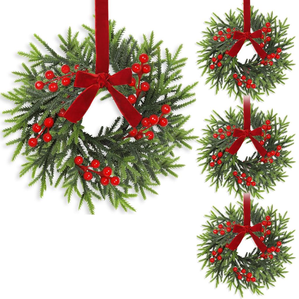 Рождественский венок для шкафов, кухни, 11 дюймов, подвесной маленький рождественский венок с красными бантами, кедровый бра