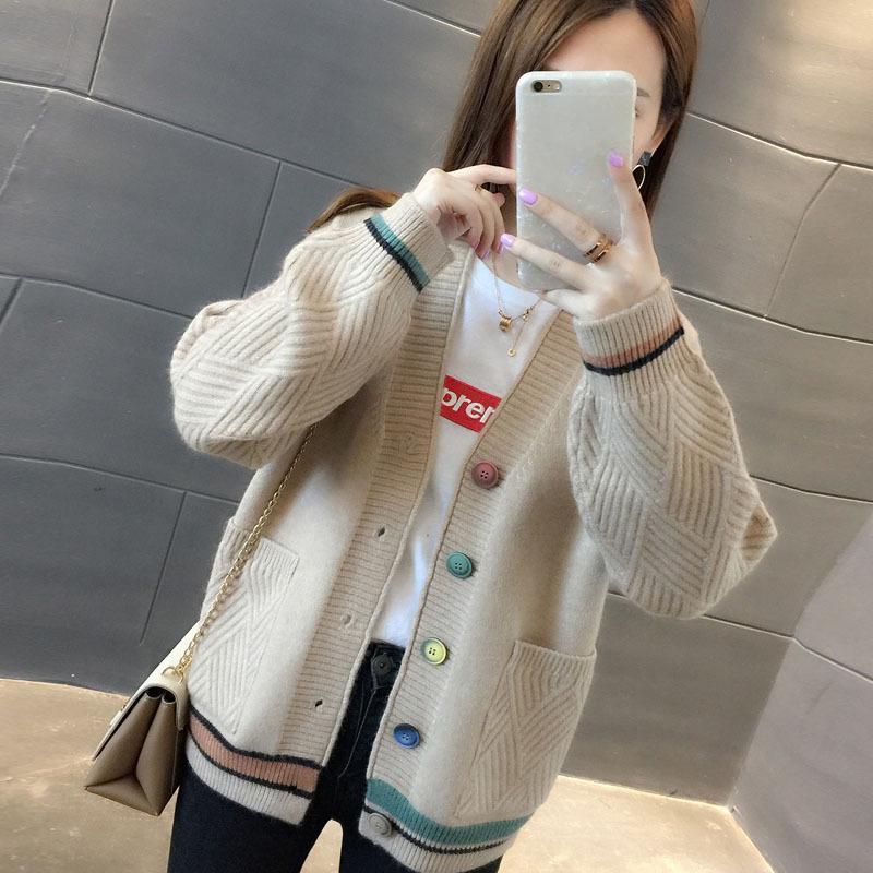 2025 Весна и осень Новый свободный V-образный вырез ромбовидной сеткой вязаный кардиган женская куртка вязаный свитер верхняя женская одежда
