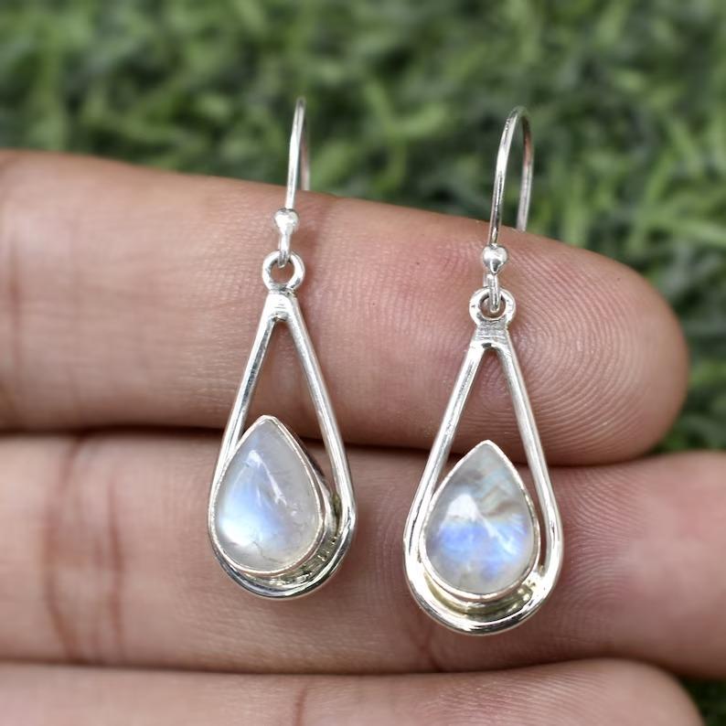 Драгоценный камень с лунным камнем, твердые серьги из стерлингового серебра 925 пробы, серьги ручной работы с висячими камнями, ювелирные изделия для женщин