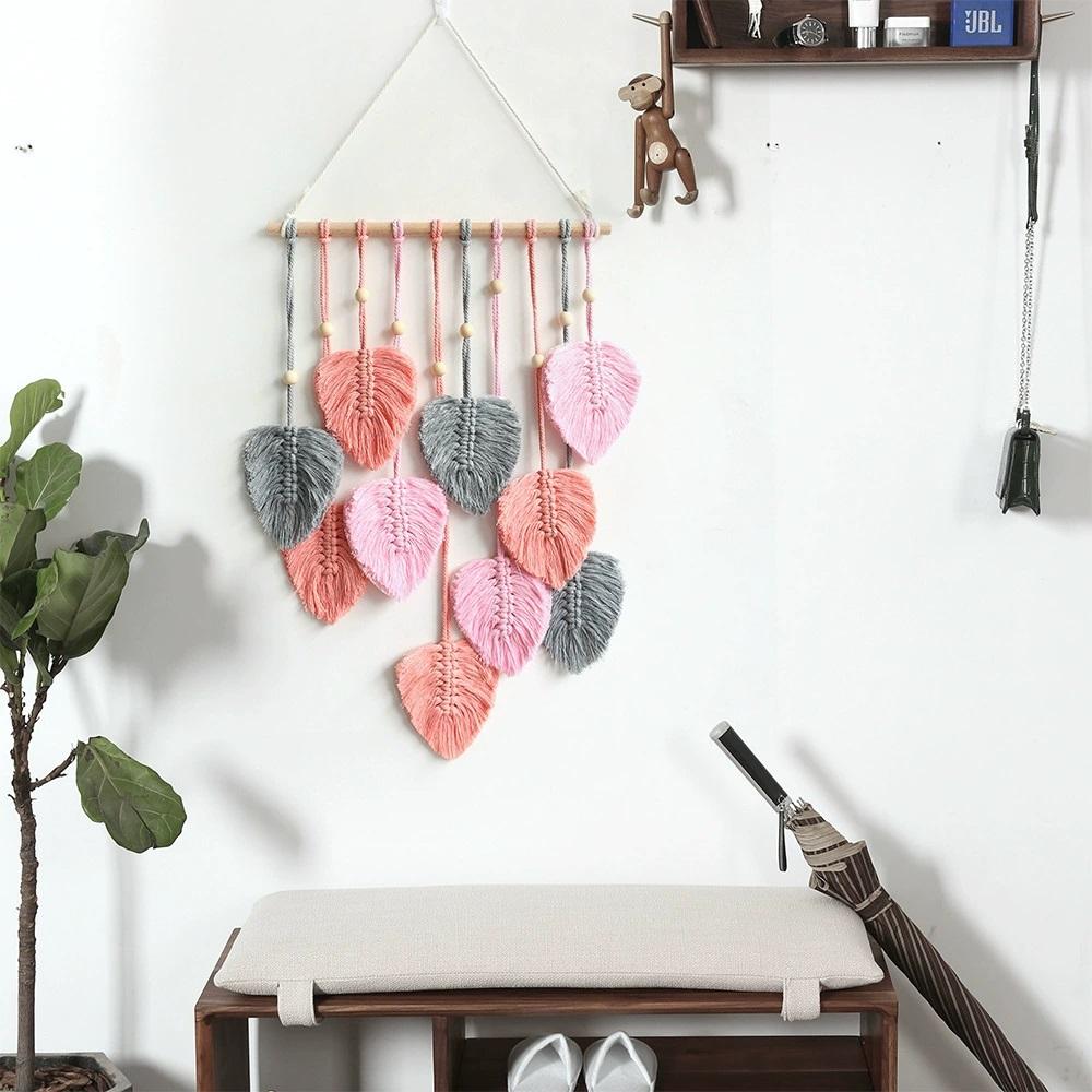 Macrame Wall Hanging Leaves Bohemian Wall Hanging Woven Tapestry Large Chic Woven Leaf Tassel Handmade Woven Wall Art for Bedroom Nursery Home 90x40cm