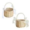 Wicker Rattan Basket Handmade Wedding Flower Basket with Faux Pearl Handle Flower Girls Basket for Home Decor Bridal Shower Picnic