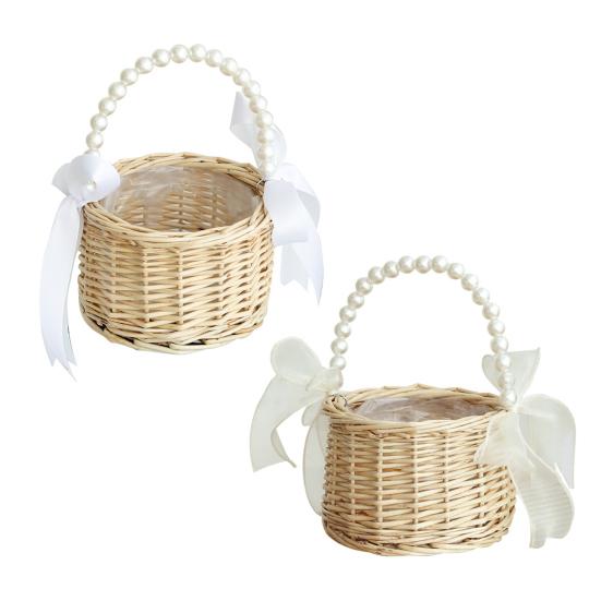 Wicker Rattan Basket Handmade Wedding Flower Basket with Faux Pearl Handle Flower Girls Basket for Home Decor Bridal Shower Picnic