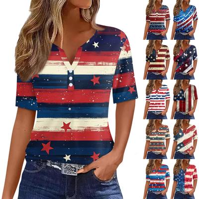 Женская футболка с принтом «День независимости» на пуговицах с коротким рукавом, туника, повседневная мода на выходные, базовый топ с V-образным вырезом