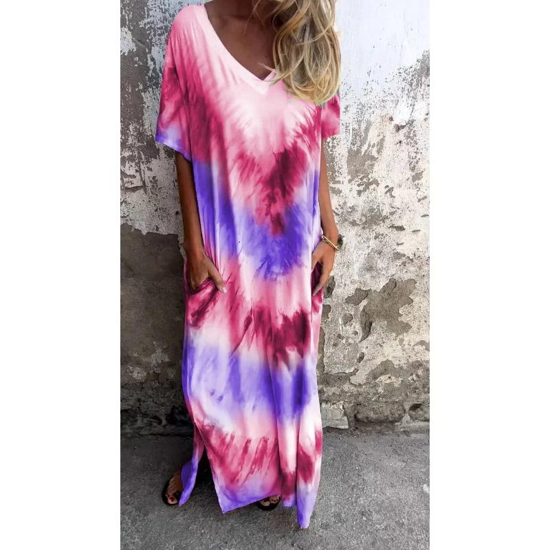 YYFS Women's Fashion Summer Spring Colour Block Print Short Sleeve V-Neck Loose Waistline Casual Dresses