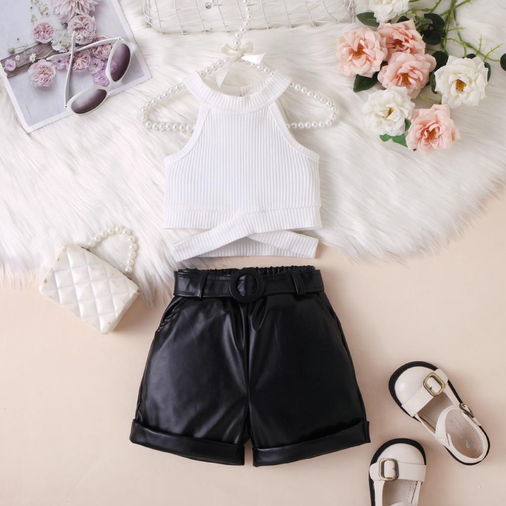 Модный комплект для девочек, летний детский повседневный топ без рукавов с халтернеком, кожаный пояс, комплект из трех предметов