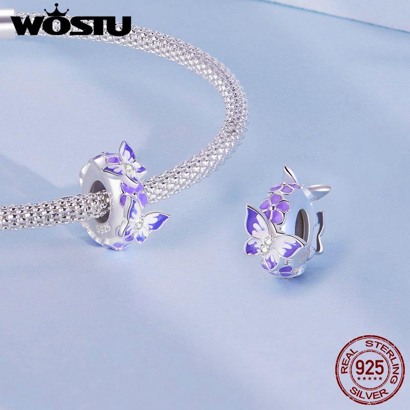 WOSTU Стерлингового Серебра 925 пробы, мистический фиолетовый цветок, подвески, бусины, защитная цепочка в виде бабочки, подходит для оригинального браслета, DIY ожерелье, ювелирные изделия