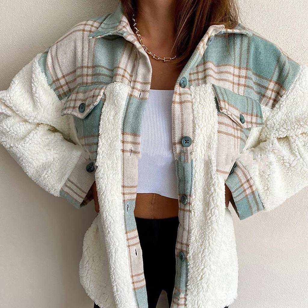 Women Winter Casual Fashion Classic Long Sleeve Lamb Wool Coat Plaid Coat