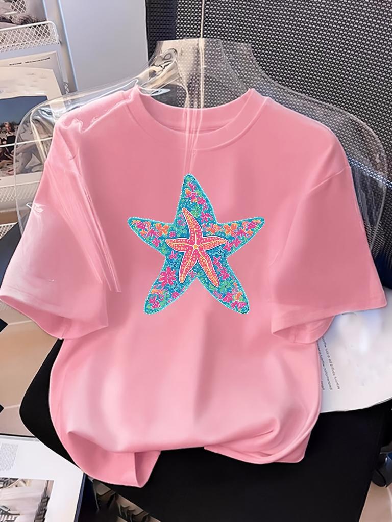 Colorful Starfish Floral Pattern Printed Womens Tshirt Round Neck Top For Comfortable Casual Wear And Holiday Party Tops