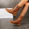 Fashion New Plus Size Retro Women Western Boots Punk Lace Up Buckle Motorcycle Boots Zipper Mid Calf Boots Ladies Short