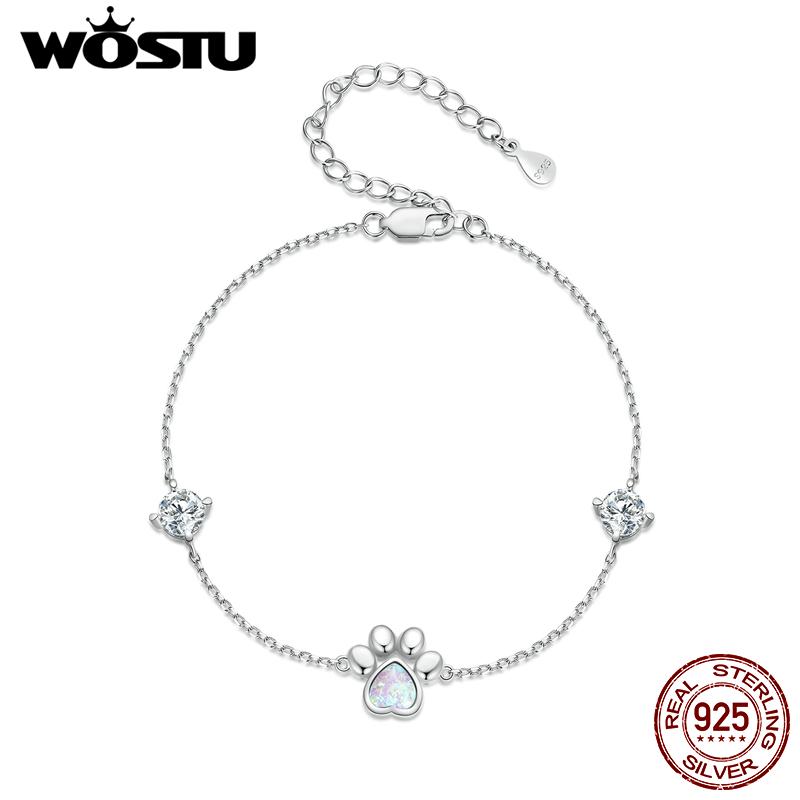 WOSTU Серебряный Браслет-Шарм 925 Пробы с Белым Опалом в Форме Лапки Кошки/Собаки Для Женщин Прекрасной Девушки Животное Звенья Цепи Тонкое Ювелирное Изделие Подарок