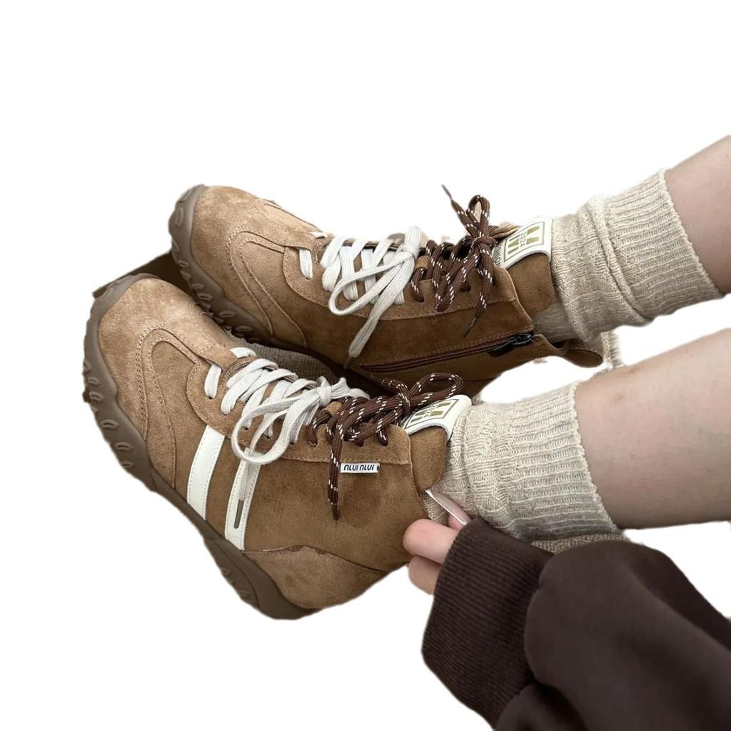 Inner Height Increase Small Boxing Boots Women's Leather Two-color Shoelaces Small Size Short Boots Retro Casual Sports Martin Boots Tide