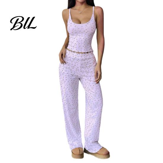 Relaxed Fit Summer Nightwear Women Pajamas Set with Floral Print, Sleeveless U Neck Skin Friendly Sleepwear for Dormitory Camisole And Pants,