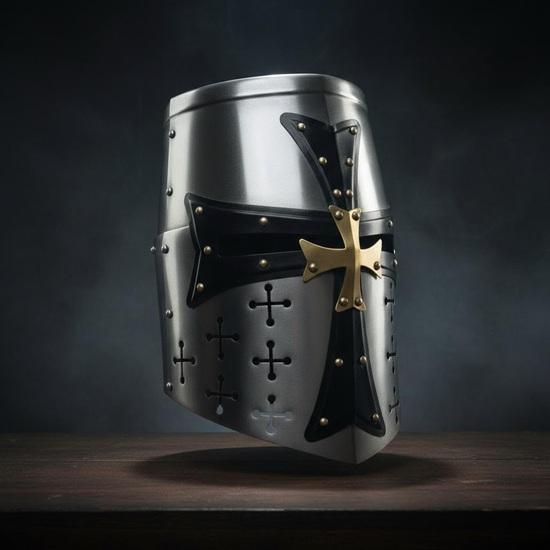 Medieval Templar Crusader Helmet, Silver Steel Knight Helmet with Brass Cross for Cosplay Collection