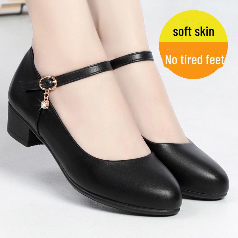 Туфли из мягкой кожи на среднем каблуке с пряжками на ремешках для работы и танцев с ципао, подходят женщинам среднего возраста, черная мягкая подошва для осени.