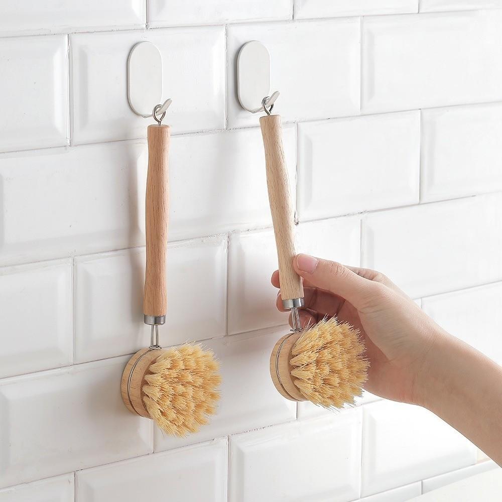 Solid Wood Dish Pot Brush Replaceable Frying Pan Brush Kitchen Cleaning Brush Home Cleaning