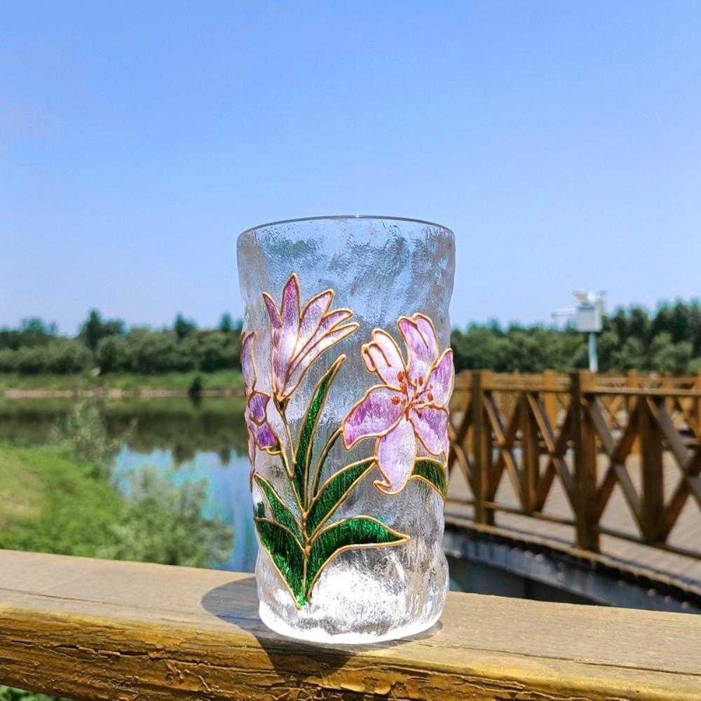Glacier Texture Hand-Painted Glass Cup Flower Design Beer Cup Fashion Juice Cup  Tea Time