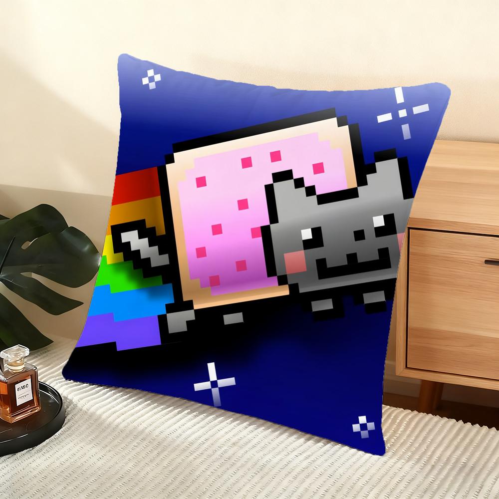 Cartoon Game N-Nyan-C-Cat Cushion Cover Soft Short Plush Pillow Cover Smooth Cozy Texture Aesthetic Cushion Case Home Decor