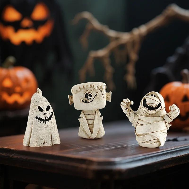 Cartoon Pumpkin Ghost Resin Craft Miniature Sculpture Cute Spooky Scene Decor Tabletop Ornament Home Party Halloween