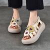 Johnature Retro Genuine Leather Flower Flat Platform Sandals Versatile Soft Soled Women's Shoes