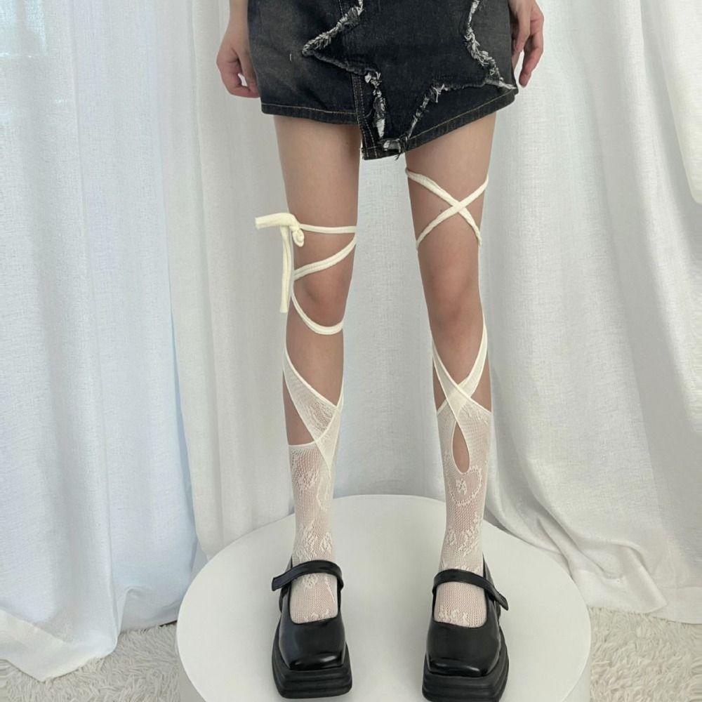 2Pairs Irregular Straps JK Lace-up Stockings Hollow Mid Tube Socks Women Lolita Lace Stockings  Gift