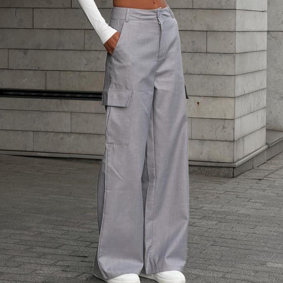 Women's Street Style Design Sports Pants Fashion Solid Color Female High Waisted Straight Cargo Trousers