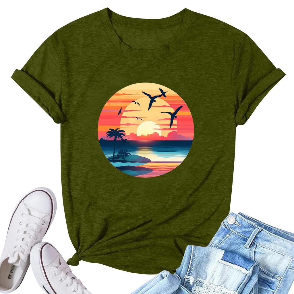 Women's Fashion Printed Casual Pleated Round Short Sleeve T-Shirt Top