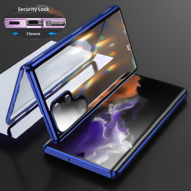 360 алюминиевый металлический двухсторонний стеклянный чехол с защелкой для Samsung Galaxy S25 S24 S23 FE S22 Ultra S21 Plus полная защита объектива телефона чехол