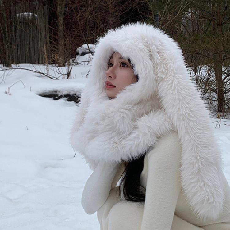 Плюшевая балаклава-шапка для взрослых, милая шапка без козырька с ушками кролика, модная лыжная шапка