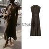 Autumn New Women Clothes Seaside Holiday Style V-neck Sleeveless A Word With Belt Midi Dress 5029168