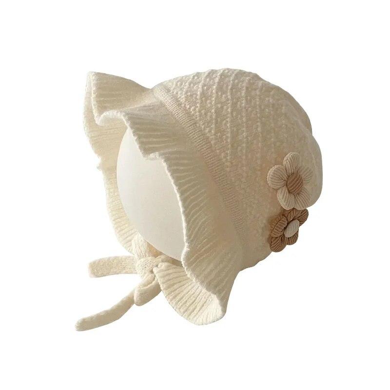 Baby Knitted Hat with Rope Retro Flower Beanie Cap for Girls Handmade Weave Infant Bonnet Winter Earflaps Caps Kids Accessories