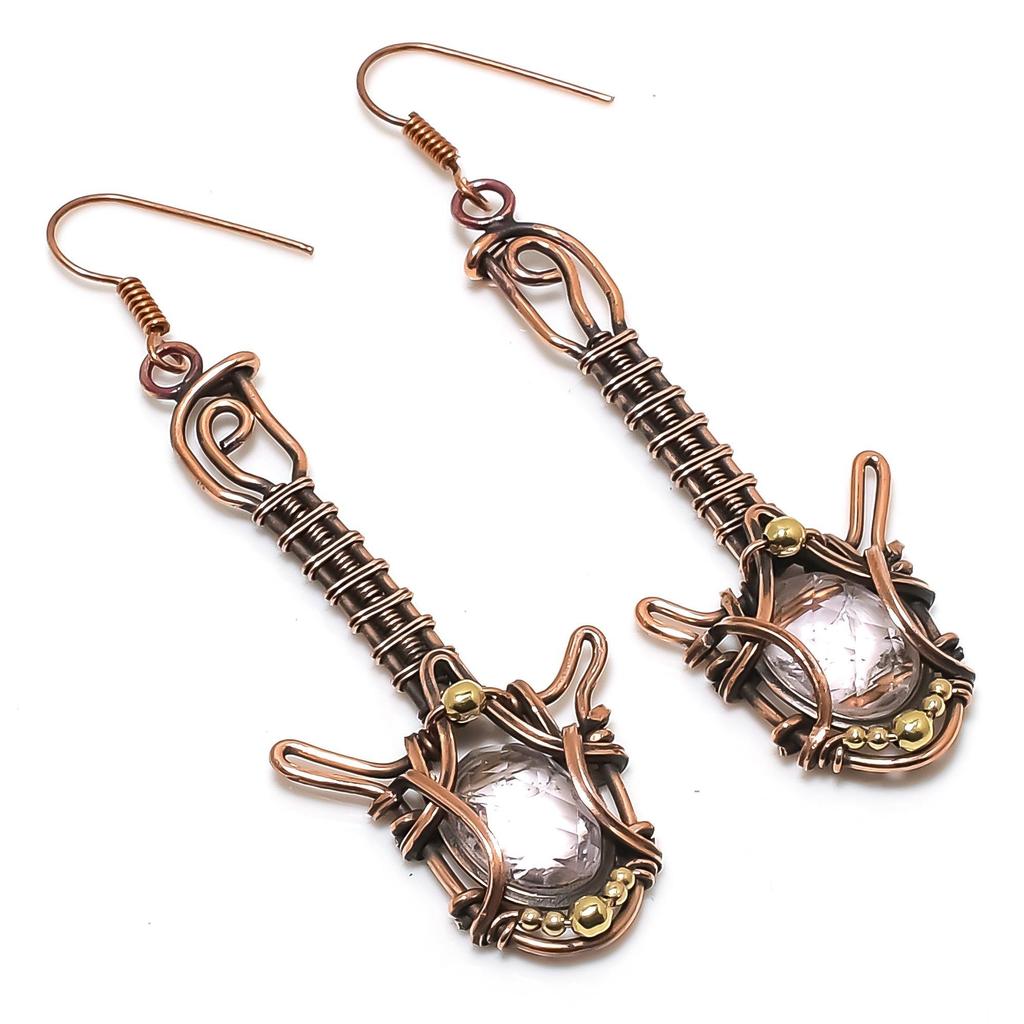 Серьги с розовым кунцитом, ювелирные изделия с драгоценными камнями, серьги, обернутые медной проволокой 999 пробы, ювелирные изделия ручной работы, серьги с камнем-талисманом, подарок для него