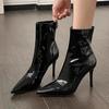 Black Patent Leather Ankle Boots for Women Sexy Pointed Toe  Side Zipper Modern Boots Brand Designer High Heels Botas Para Mujer