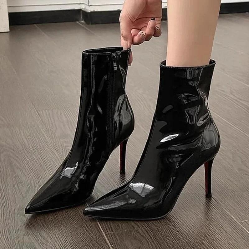 Black Patent Leather Ankle Boots for Women Sexy Pointed Toe Side Zipper Modern Boots Brand Designer High Heels Botas Para Mujer