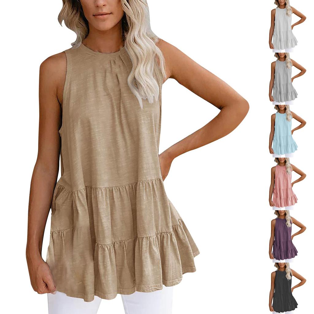 Women's Solid Color Pullover Round Neck Pleated T-Shirt Sleeveless Vest Loose Top