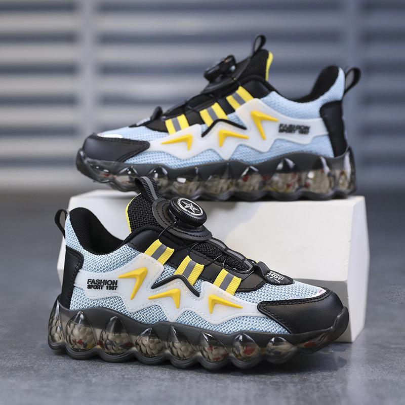 Детская спортивная обувь, вращающиеся пуговицы, обувь для больших мальчиков, кроссовки с мягкой подошвой, баскетбольные кроссовки с сеткой, детская обувь в модном стиле