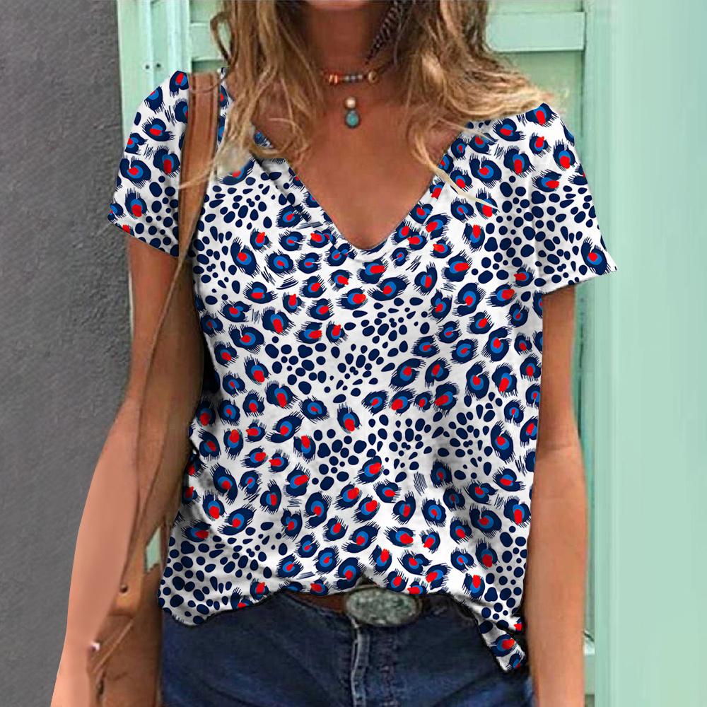 Summer Leopard 3D Print T-shirt Women Casual Fashion Streetwear Short Sleeve V-Neck T Shirt Harajuku Tees Tops Oversize Clothing