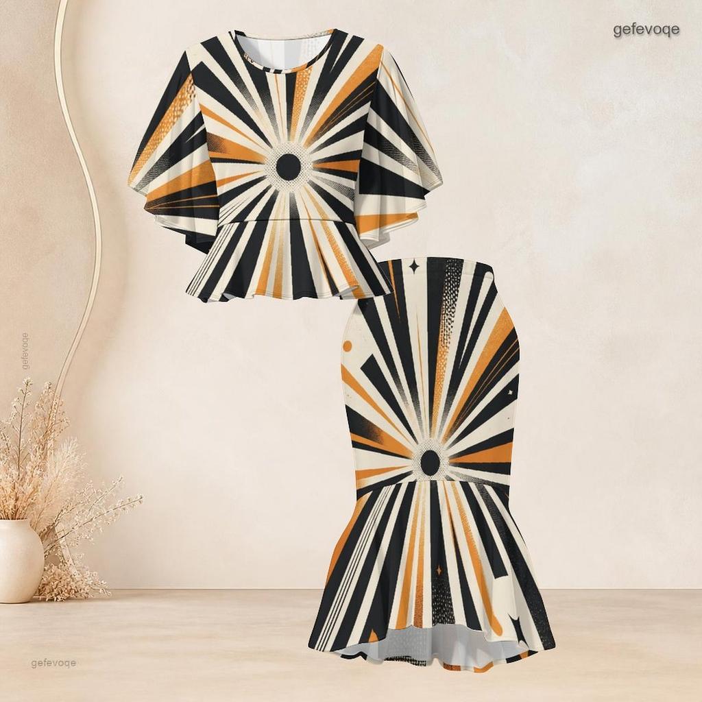 Women Plus Size Round Neck Batwing Sleeve Printed Ruffle Hem Top Fishtail Skirt Two Piece Set