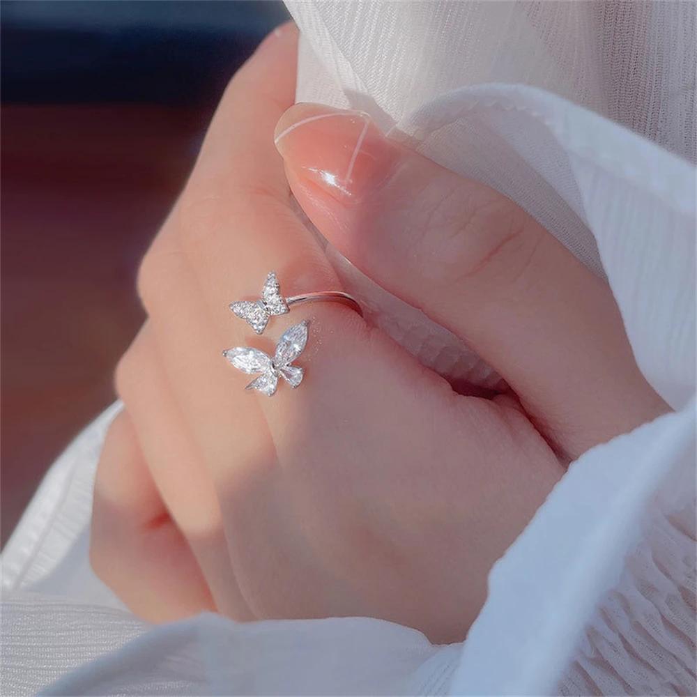 Pretty Crystal Butterfly Opening Rings for Women Exquisite Cubic Zirconia Gold Silver Color Adjustable Ring Fashion Jewelry Gift