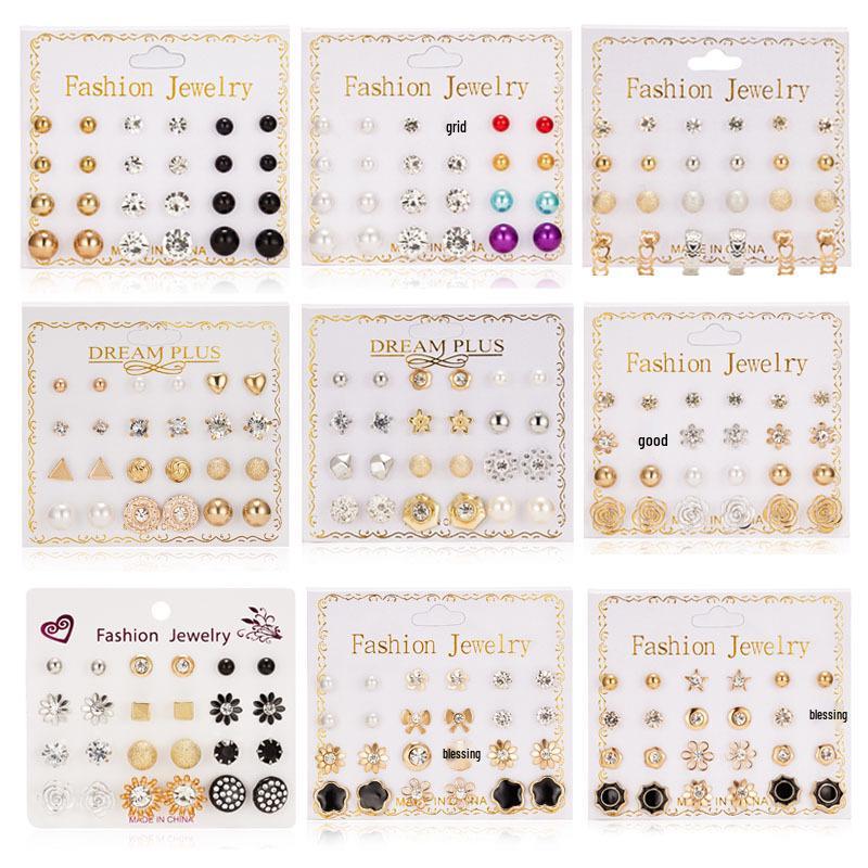 12 Pairs of Zircon Stud Earrings: Pearl, Flower & Bow Designs