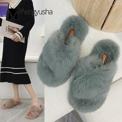 Модные теплые зимние тапочки из натуральной кроличьей шерсти с мехом, с перекрестными полосками, с открытым носком, плюшевые шлепанцы для женщин, повседневные, без застежек, ленивые шлепанцы