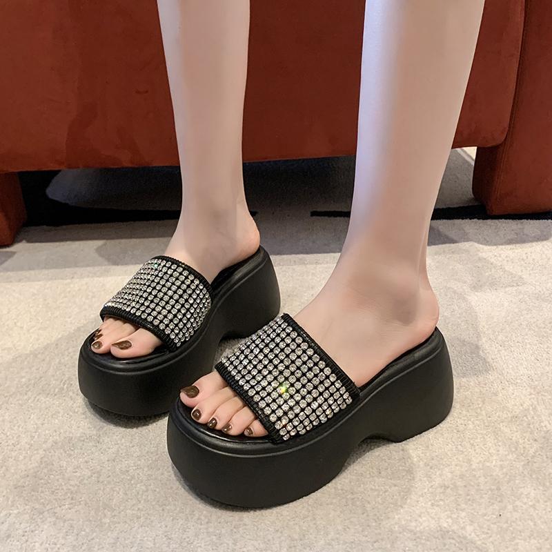 Fashion Glitter Rhinestone Designer Slippers Women's Platform Wedding Date Wedge Thick Sole Exquisite Outdoor Slippers