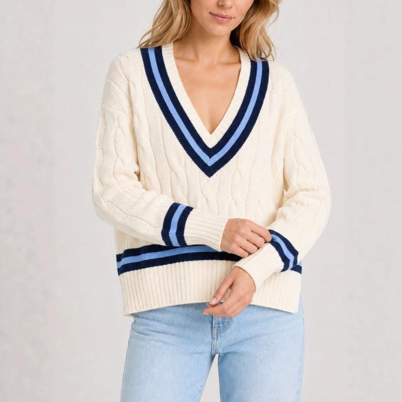 Women S Vintage College Style V Neck Twist Knit Loose Long Sleeve Pullover Sweater